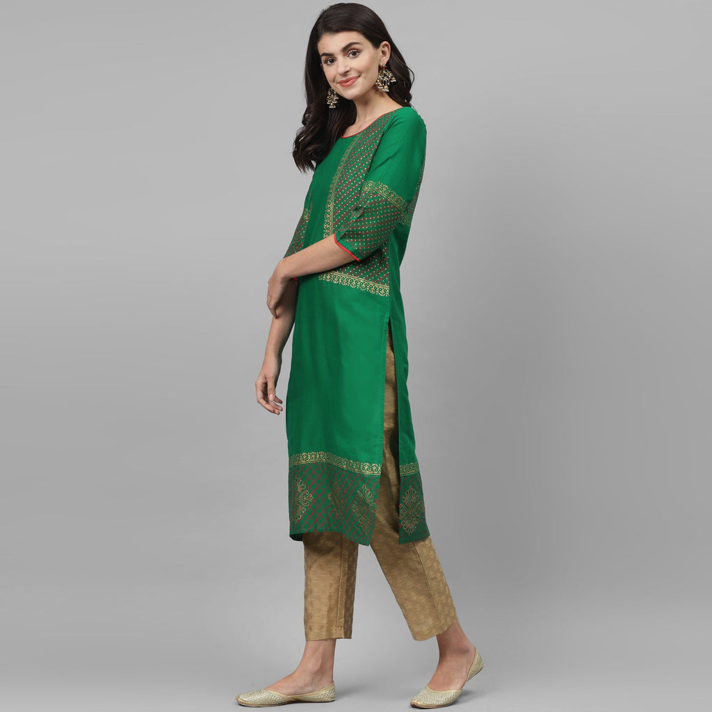 Maai Rayon Hand Printed Kurta Green | Grocsy