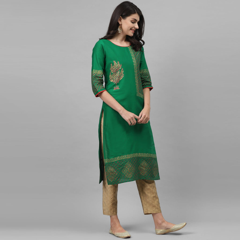 Maai Rayon Hand Printed Kurta Green | Grocsy