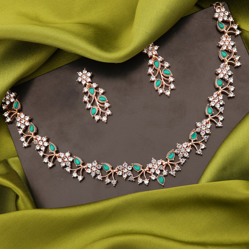 Tehzeeb Creations Rose Gold Pleated White Diamond With Green Beads Necklace Set | Grocsy