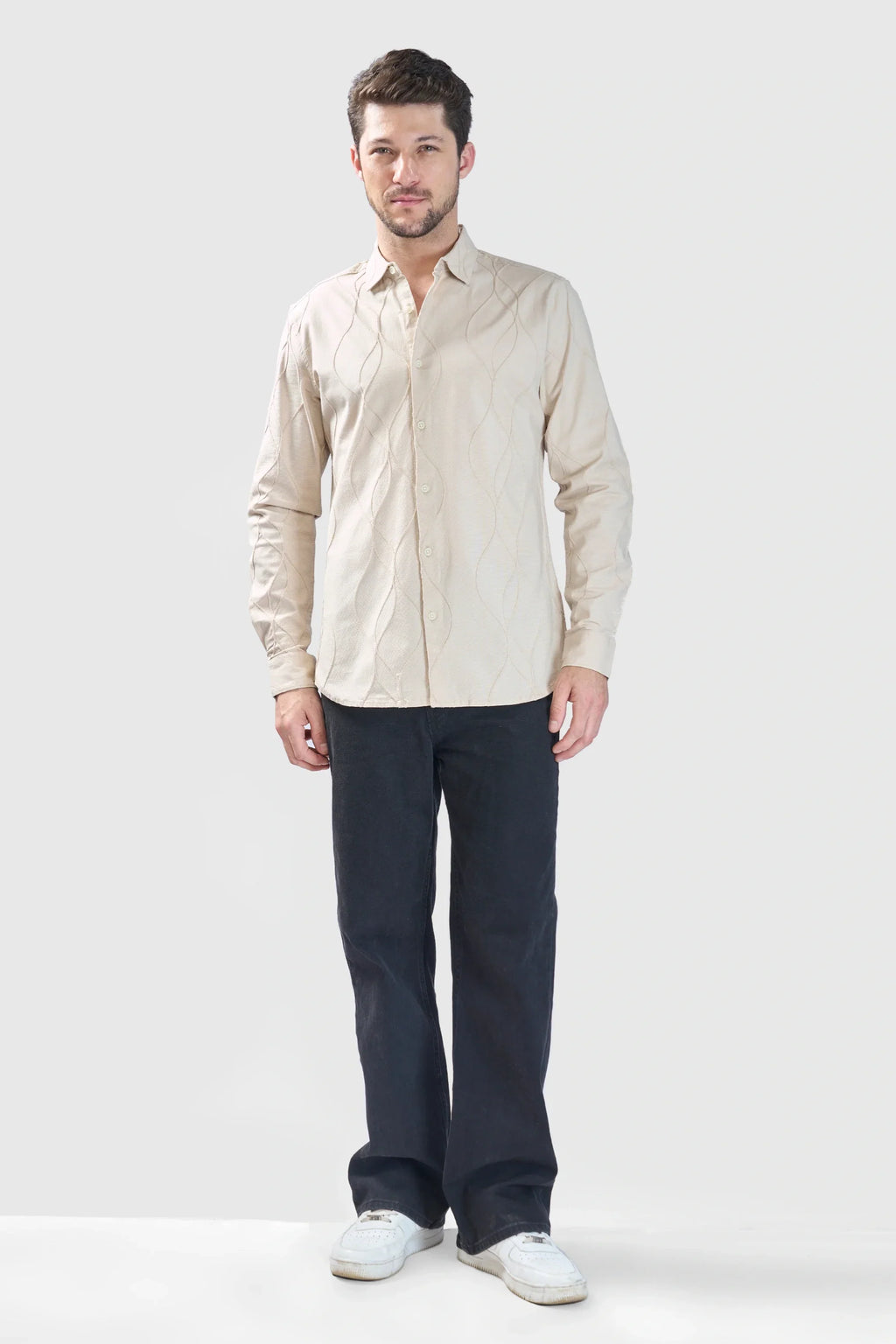 Xkind Beige Embroidery Full Sleeve Slim Fit Shirt | Grocsy