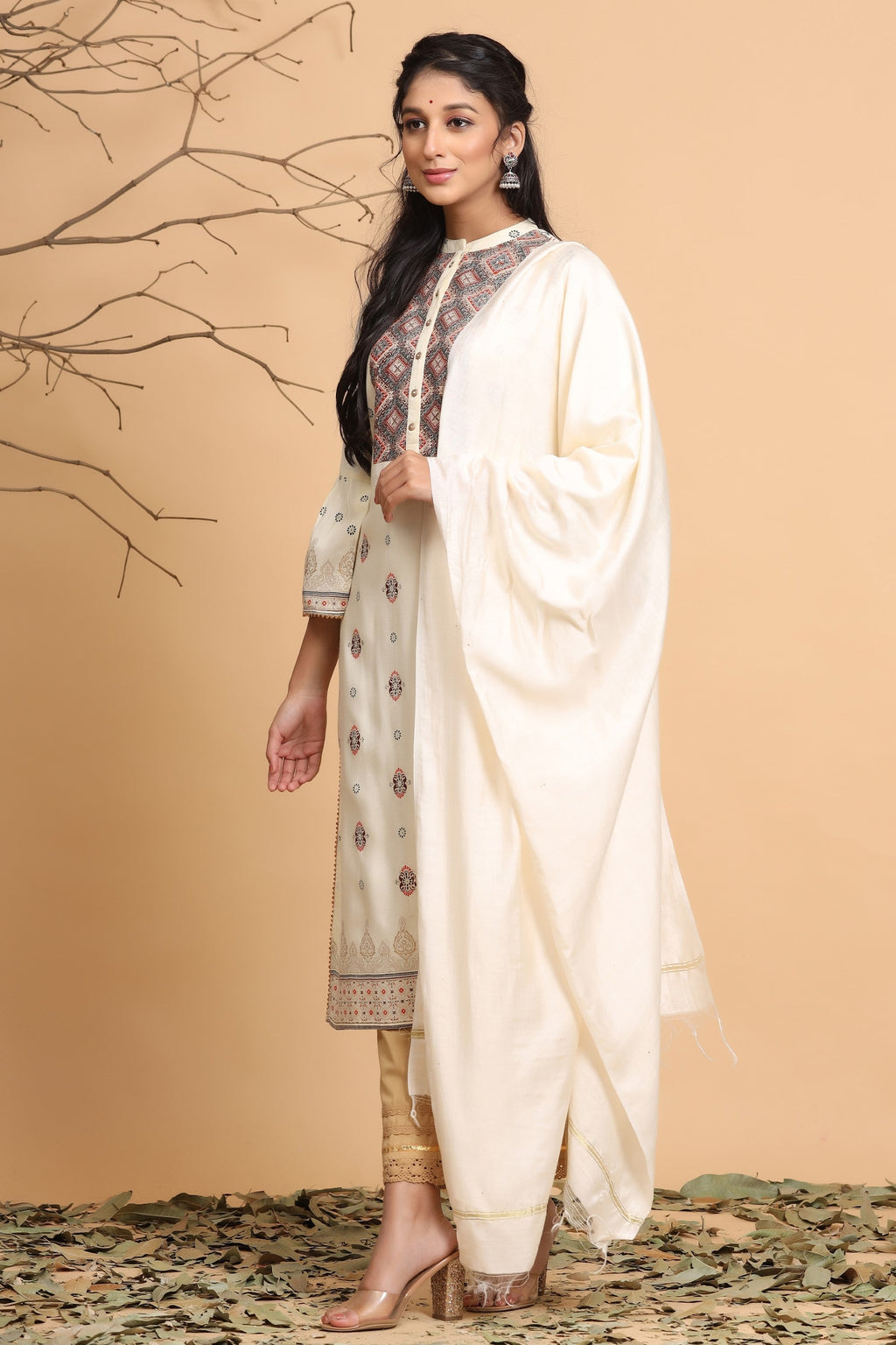 Juniper Ivory Ethnic Motif Printed Rayon Kurta With Dupatta Set | Grocsy