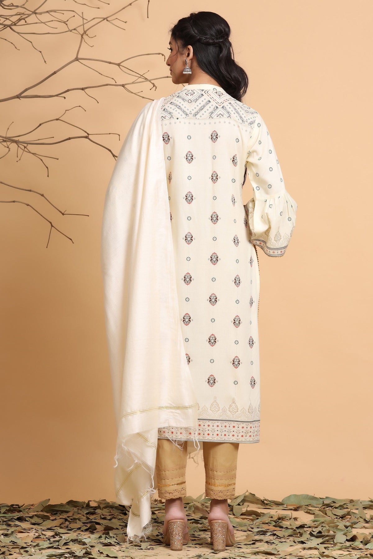 Juniper Ivory Ethnic Motif Printed Rayon Kurta With Dupatta Set | Grocsy