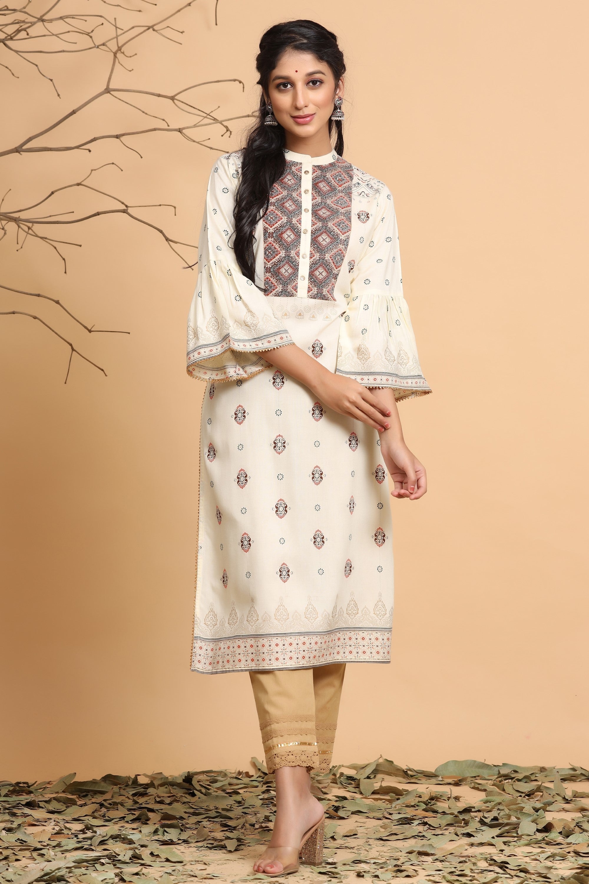 Juniper Ivory Ethnic Motif Printed Rayon Kurta With Dupatta Set | Grocsy