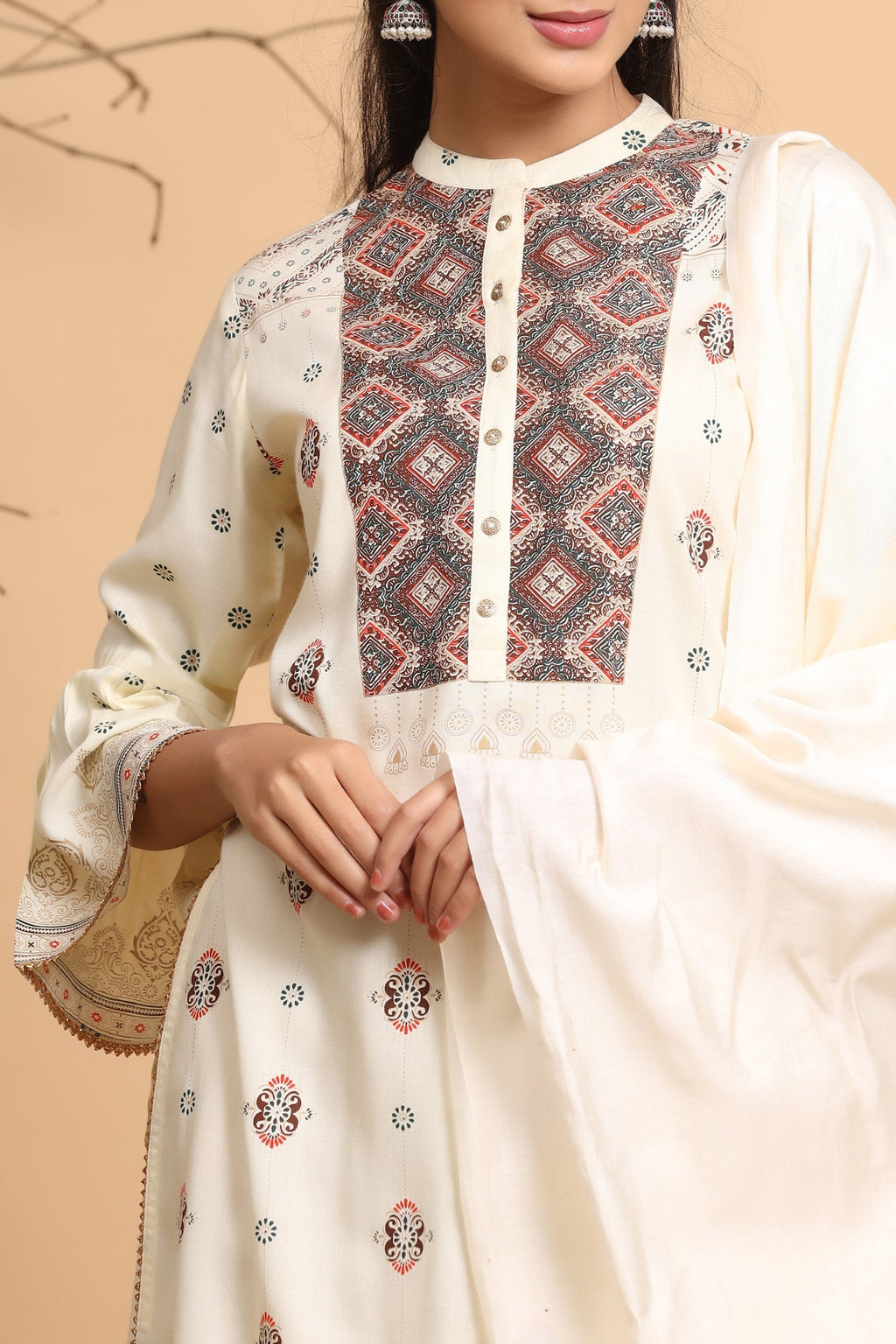 Juniper Ivory Ethnic Motif Printed Rayon Kurta With Dupatta Set | Grocsy