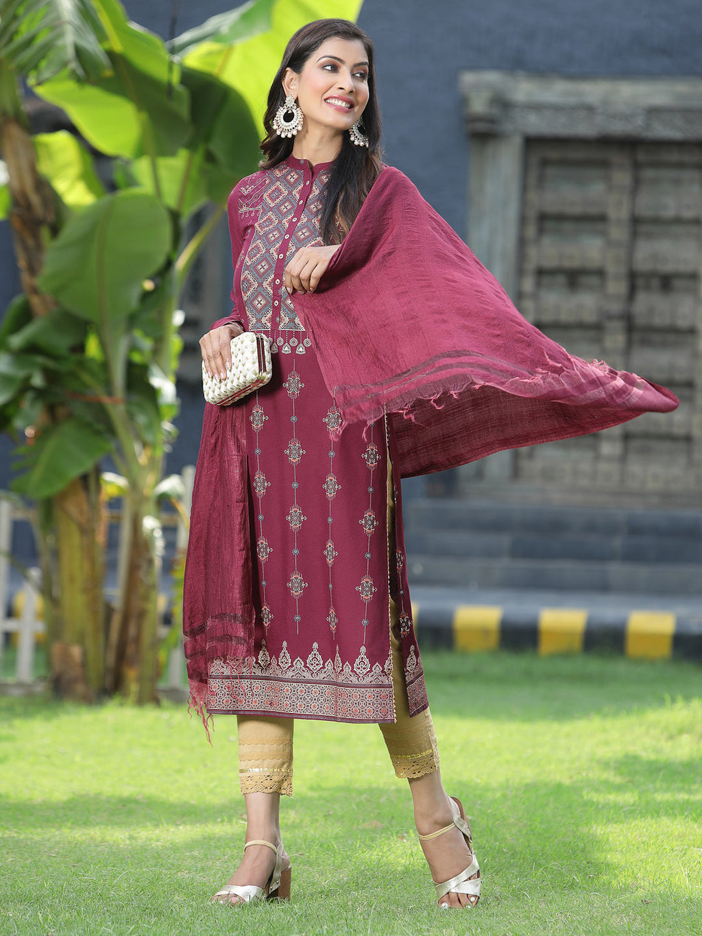 Juniper Womens Wine Rayon Foil Printed Kurta With Dupatta Set | Grocsy