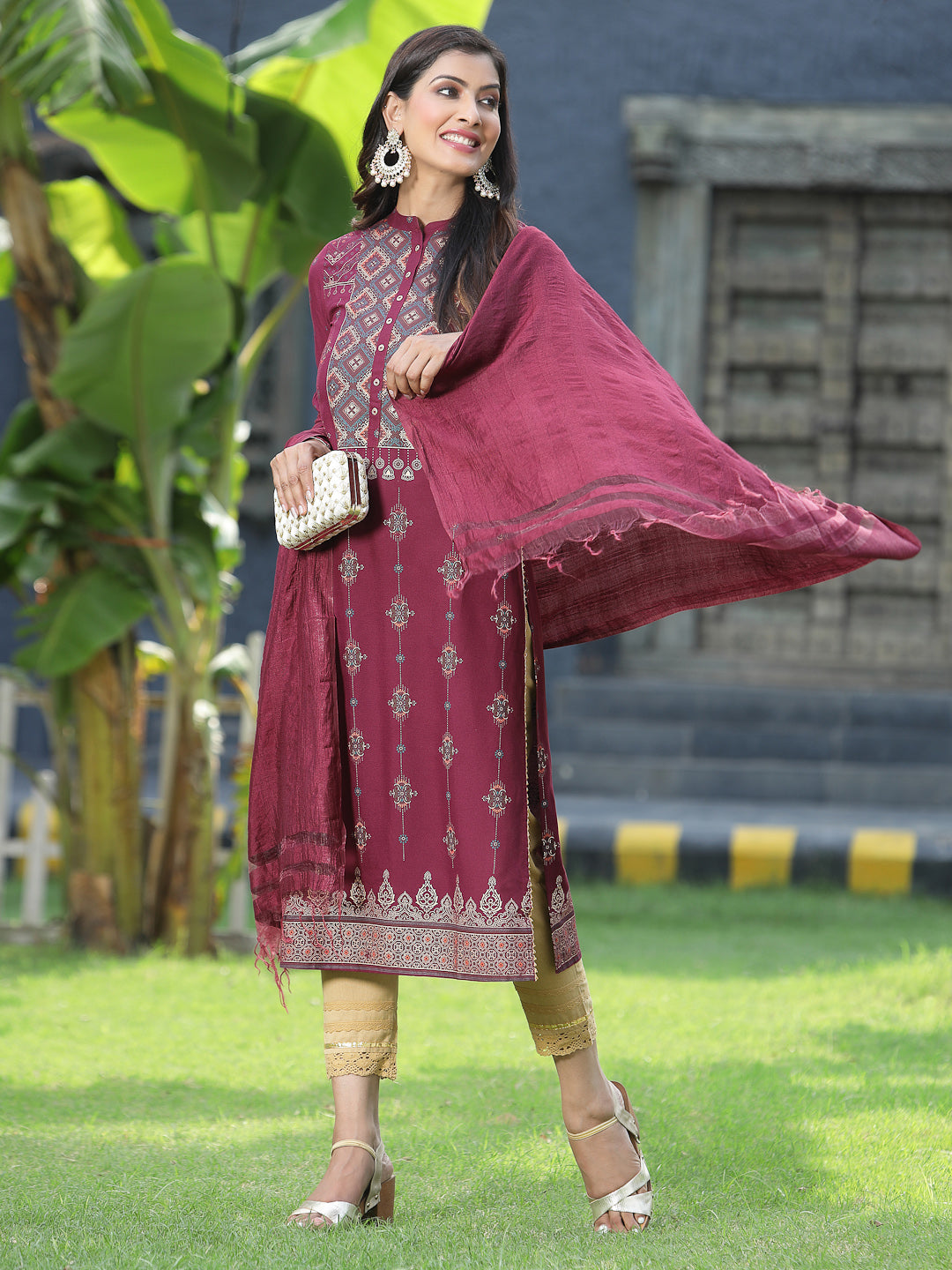 Juniper Womens Wine Rayon Foil Printed Kurta With Dupatta Set | Grocsy