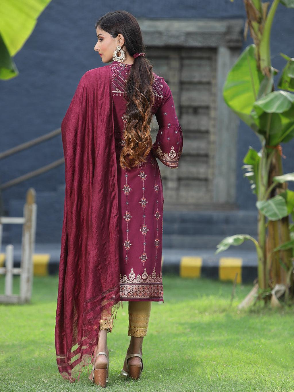 Juniper Womens Wine Rayon Foil Printed Kurta With Dupatta Set | Grocsy