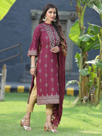 Juniper Womens Wine Rayon Foil Printed Kurta With Dupatta Set | Grocsy