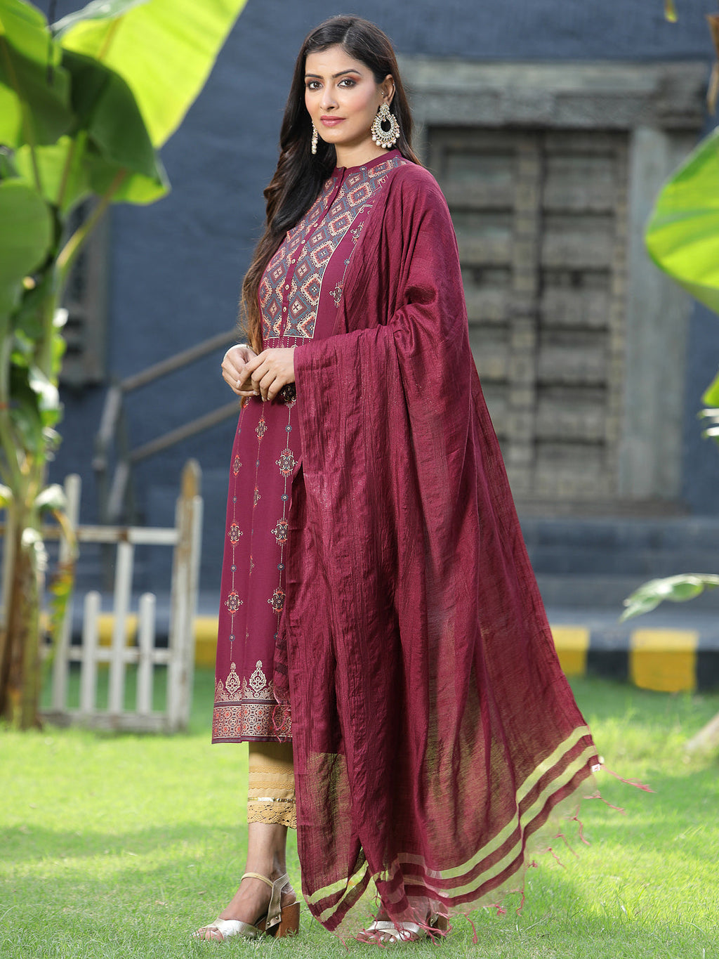 Juniper Womens Wine Rayon Foil Printed Kurta With Dupatta Set | Grocsy
