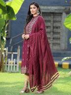 Juniper Womens Wine Rayon Foil Printed Kurta With Dupatta Set | Grocsy