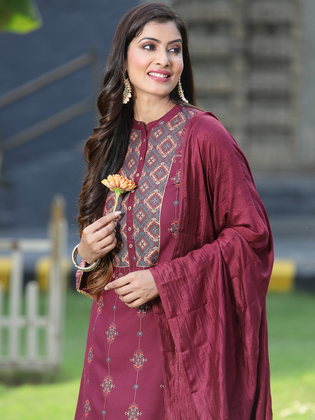 Juniper Womens Wine Rayon Foil Printed Kurta With Dupatta Set | Grocsy