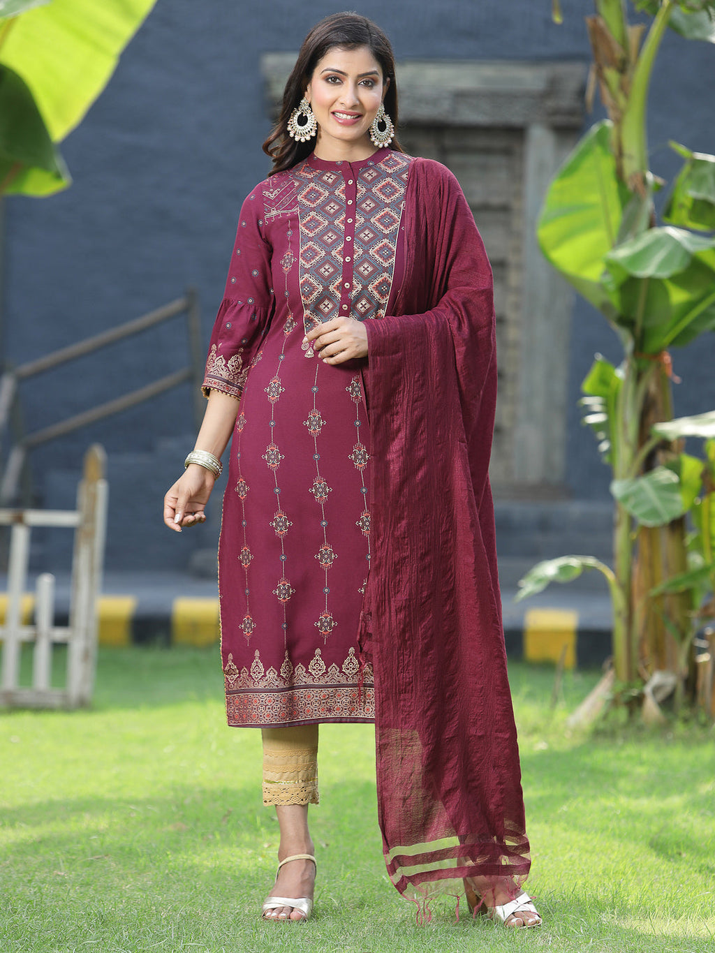 Juniper Womens Wine Rayon Foil Printed Kurta With Dupatta Set | Grocsy