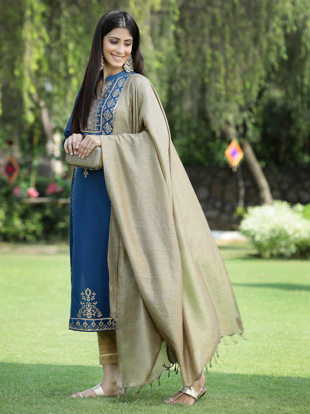 Juniper Womens Teal Rayon Foil Printed Kurta With Dupatta Set | Grocsy