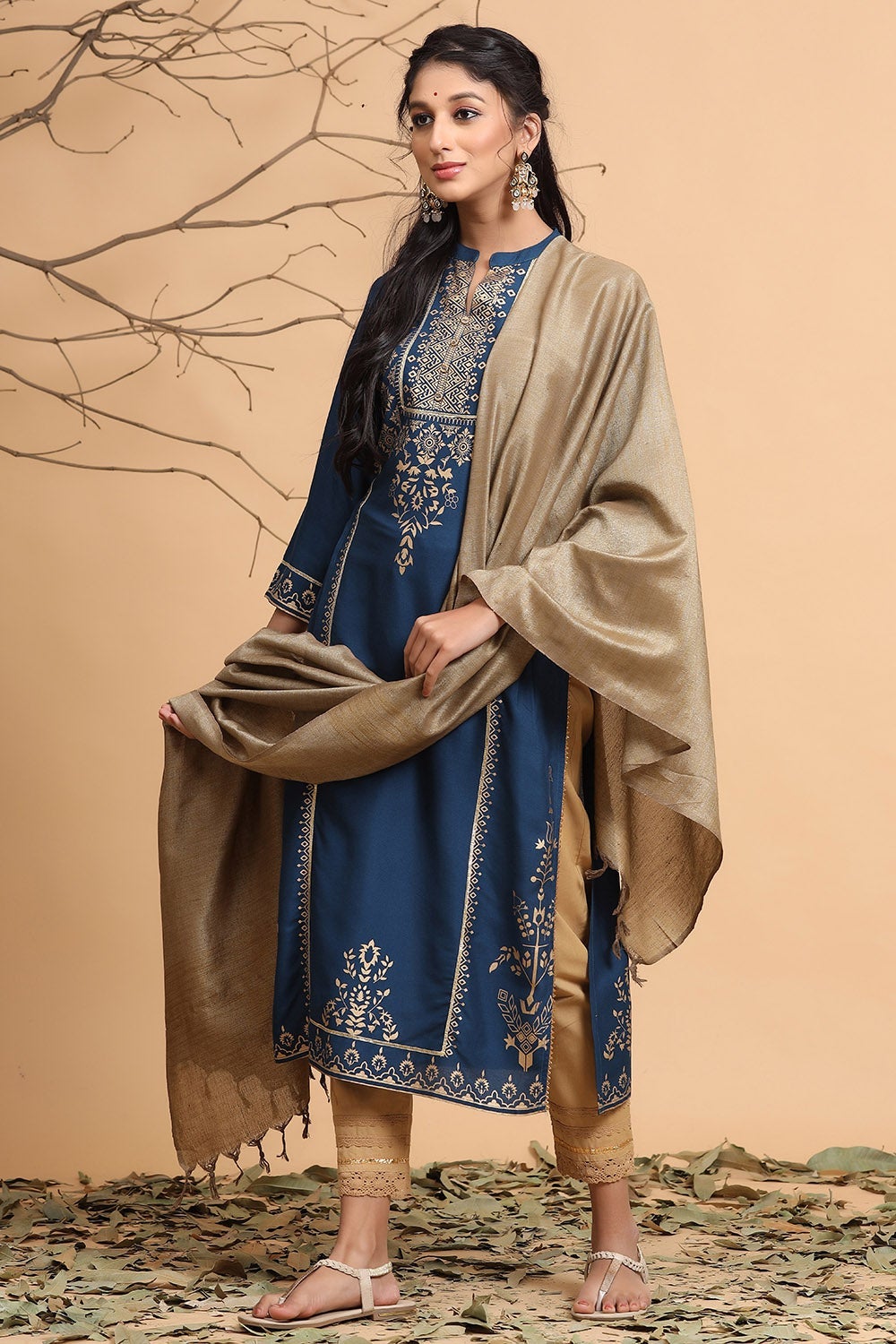 Juniper Women's Darkteal Rayon Printed Straight Kurta Dupatta Set | Grocsy
