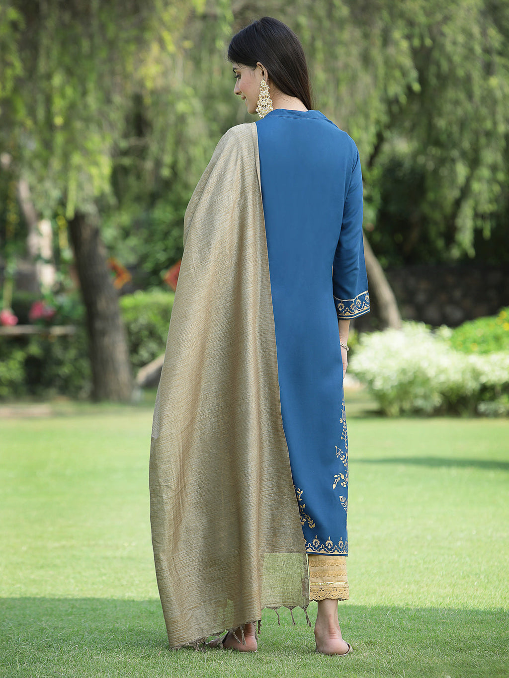 Juniper Womens Teal Rayon Foil Printed Kurta With Dupatta Set | Grocsy