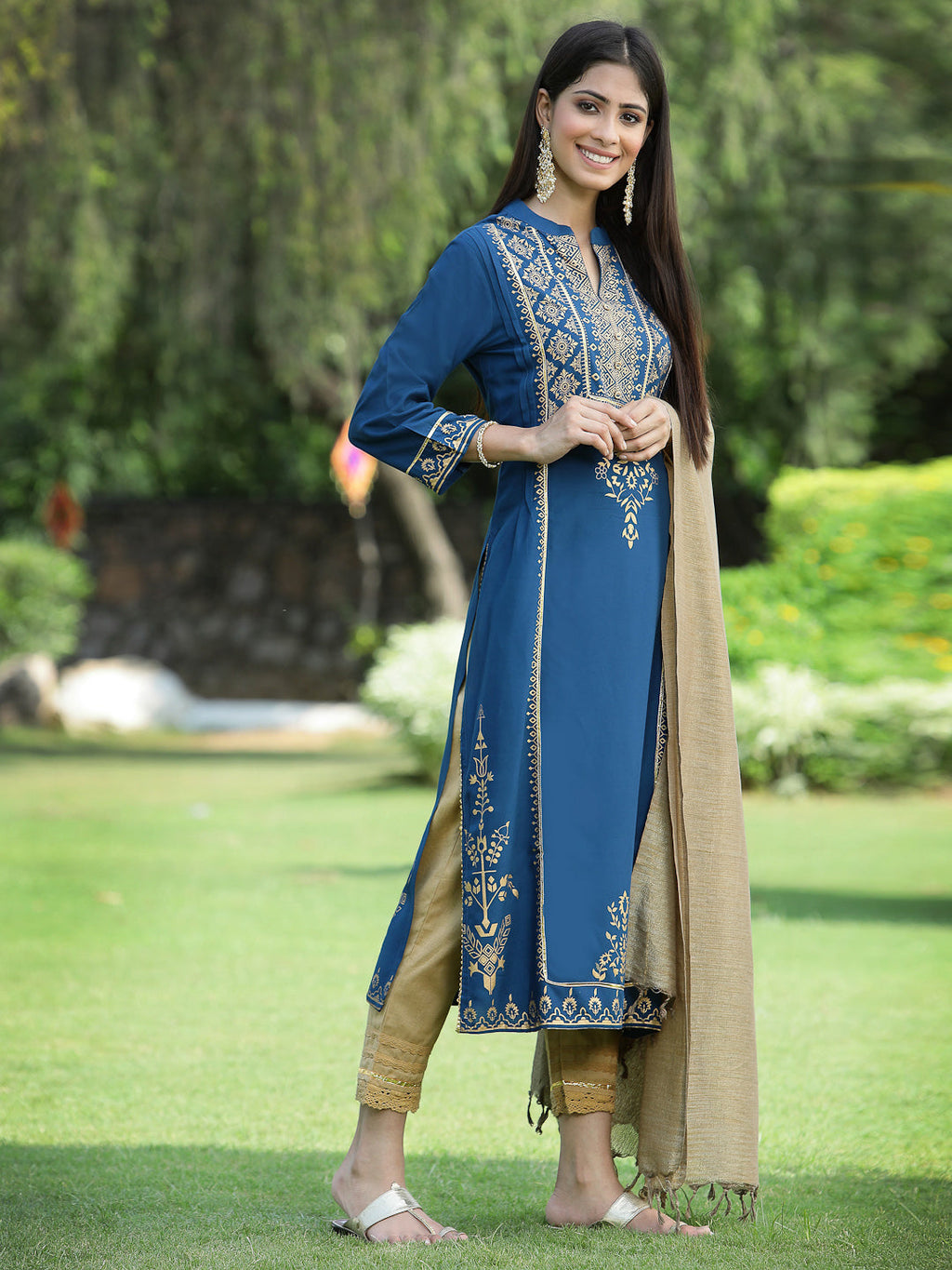 Juniper Womens Teal Rayon Foil Printed Kurta With Dupatta Set | Grocsy
