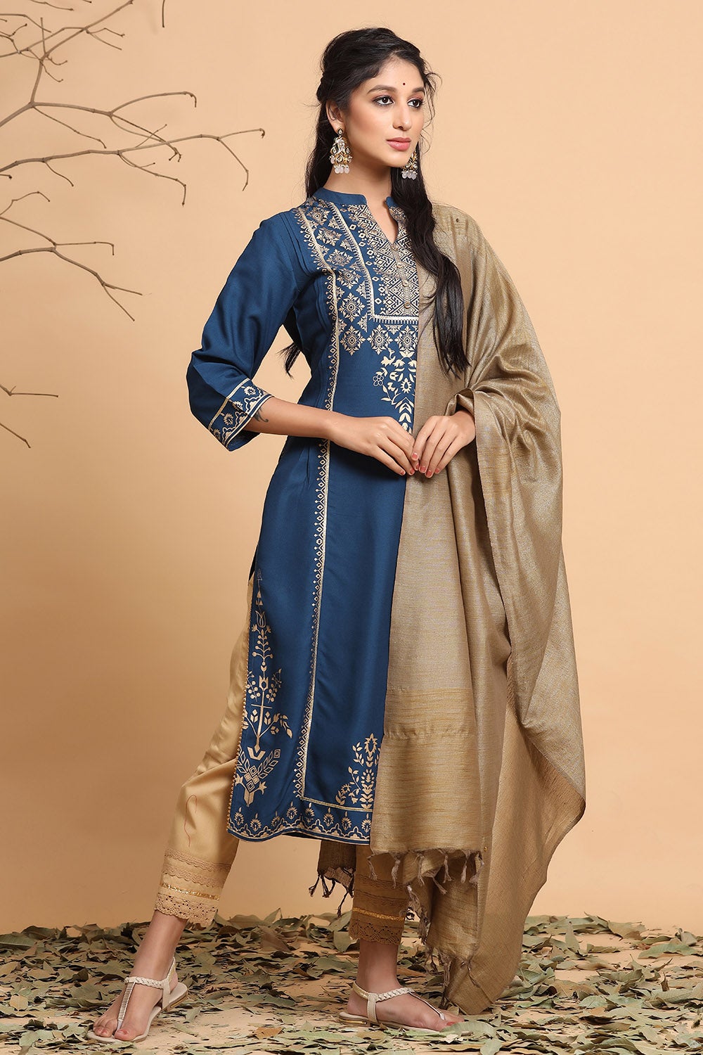 Juniper Women's Darkteal Rayon Printed Straight Kurta Dupatta Set | Grocsy