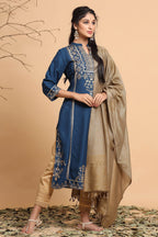 Juniper Women's Darkteal Rayon Printed Straight Kurta Dupatta Set | Grocsy
