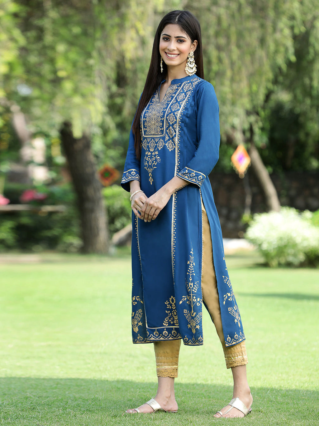 Juniper Womens Teal Rayon Foil Printed Kurta With Dupatta Set | Grocsy