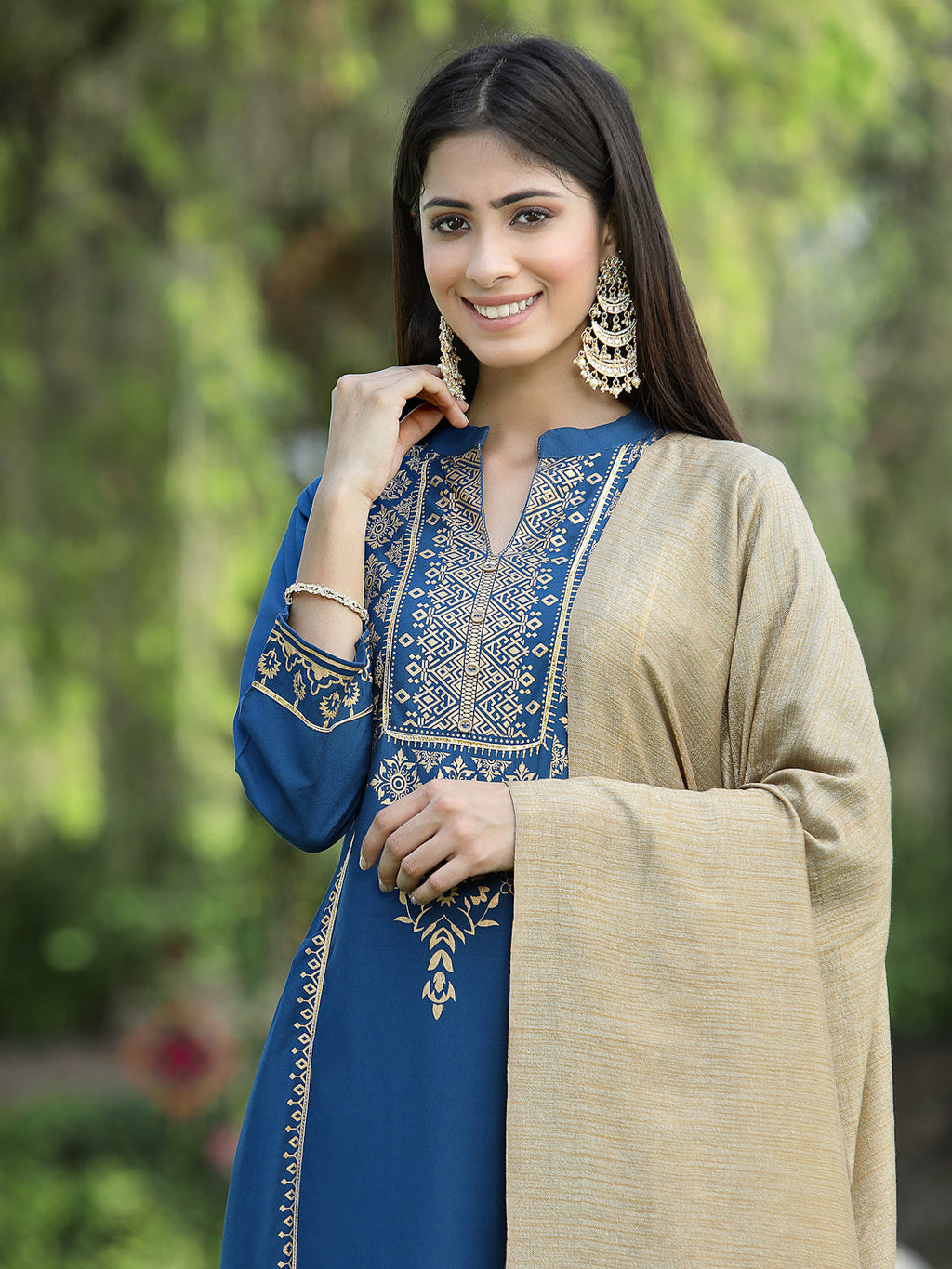 Juniper Womens Teal Rayon Foil Printed Kurta With Dupatta Set | Grocsy