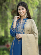Juniper Womens Teal Rayon Foil Printed Kurta With Dupatta Set | Grocsy
