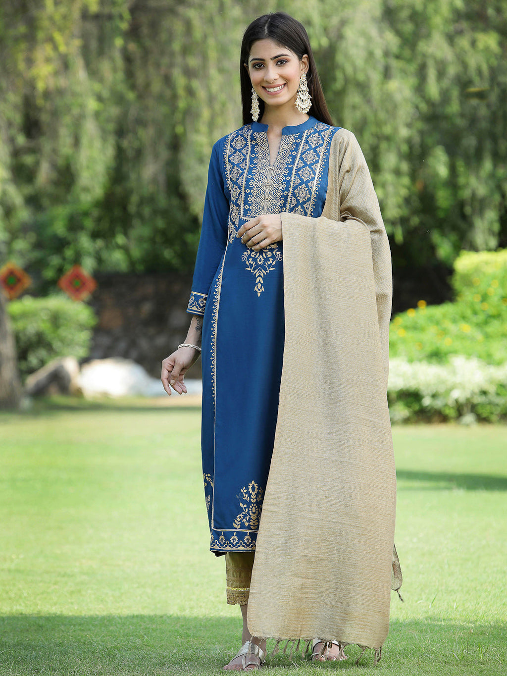 Juniper Womens Teal Rayon Foil Printed Kurta With Dupatta Set | Grocsy