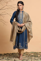 Juniper Women's Darkteal Rayon Printed Straight Kurta Dupatta Set | Grocsy