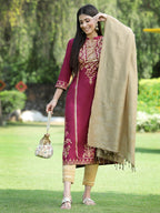 Juniper Womens Wine Color Rayon Foil Printed Kurta With Dupatta Set | Grocsy
