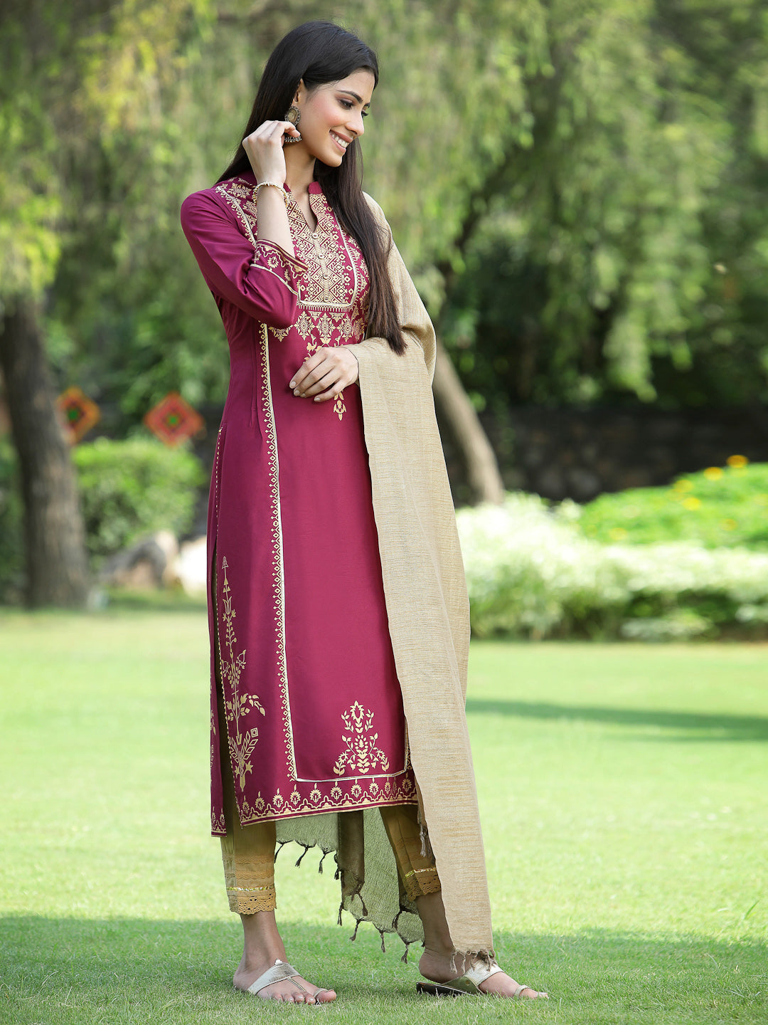 Juniper Womens Wine Color Rayon Foil Printed Kurta With Dupatta Set | Grocsy