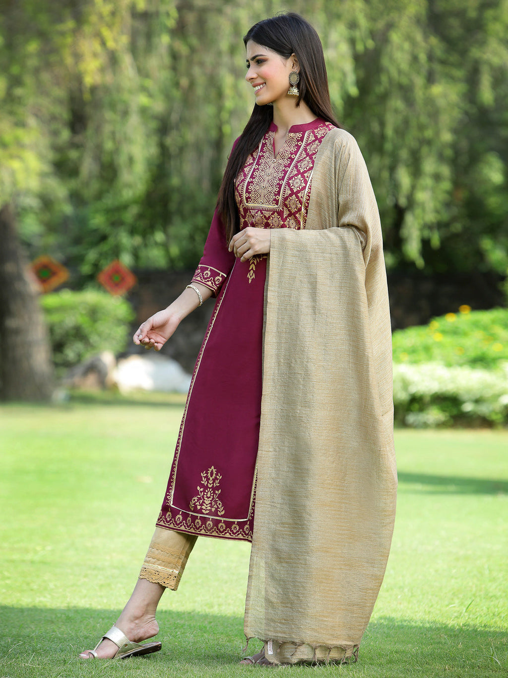 Juniper Womens Wine Color Rayon Foil Printed Kurta With Dupatta Set | Grocsy