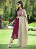 Juniper Womens Wine Color Rayon Foil Printed Kurta With Dupatta Set | Grocsy