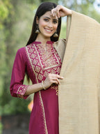 Juniper Womens Wine Color Rayon Foil Printed Kurta With Dupatta Set | Grocsy