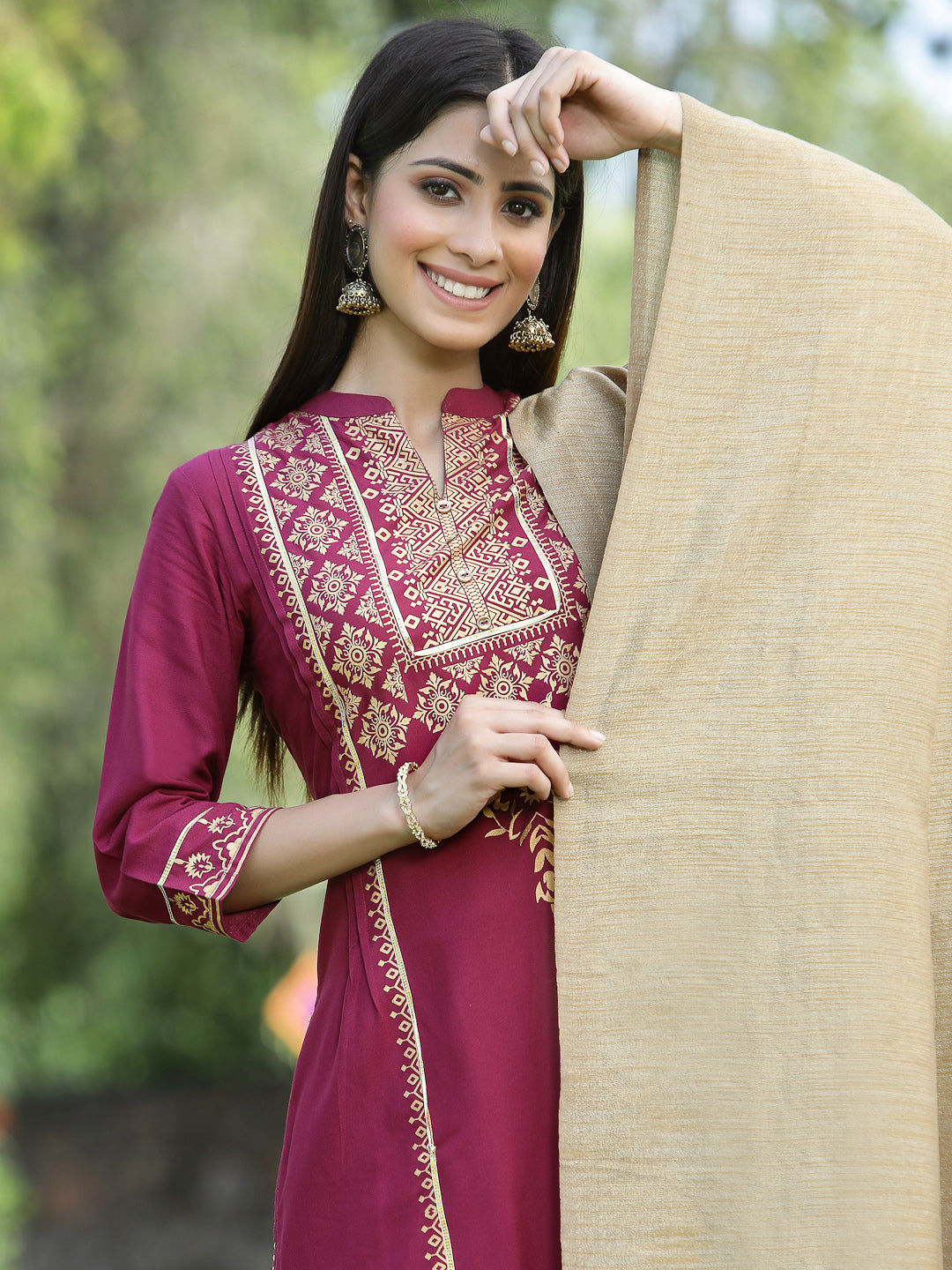 Juniper Womens Wine Color Rayon Foil Printed Kurta With Dupatta Set | Grocsy