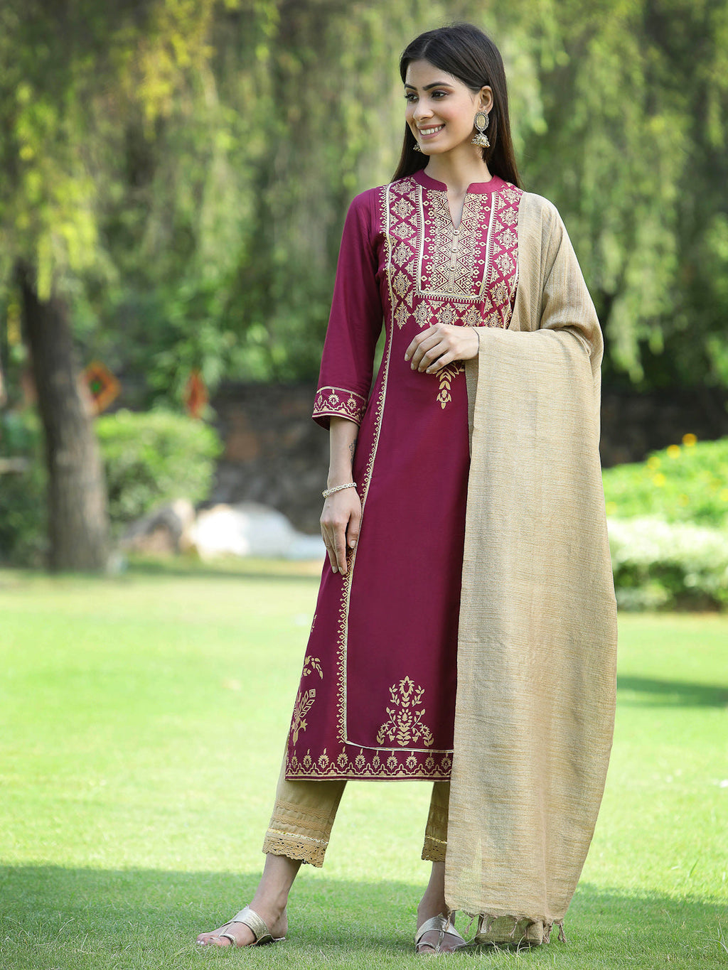 Juniper Womens Wine Color Rayon Foil Printed Kurta With Dupatta Set | Grocsy