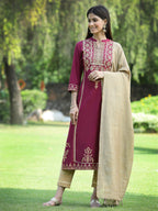 Juniper Womens Wine Color Rayon Foil Printed Kurta With Dupatta Set | Grocsy