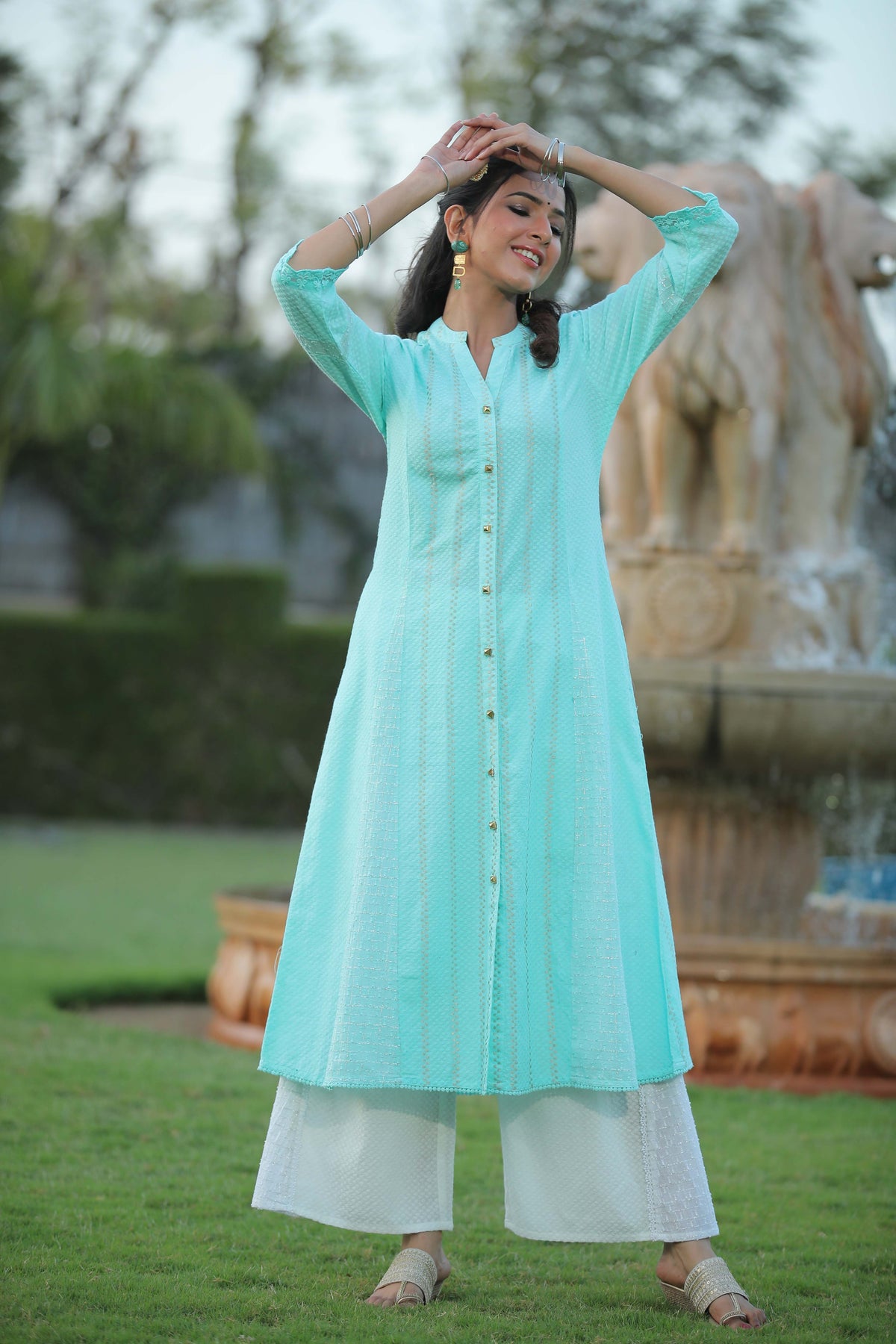 Juniper Women Aqua Cotton Dobby Printed A-Line Kurta | Grocsy