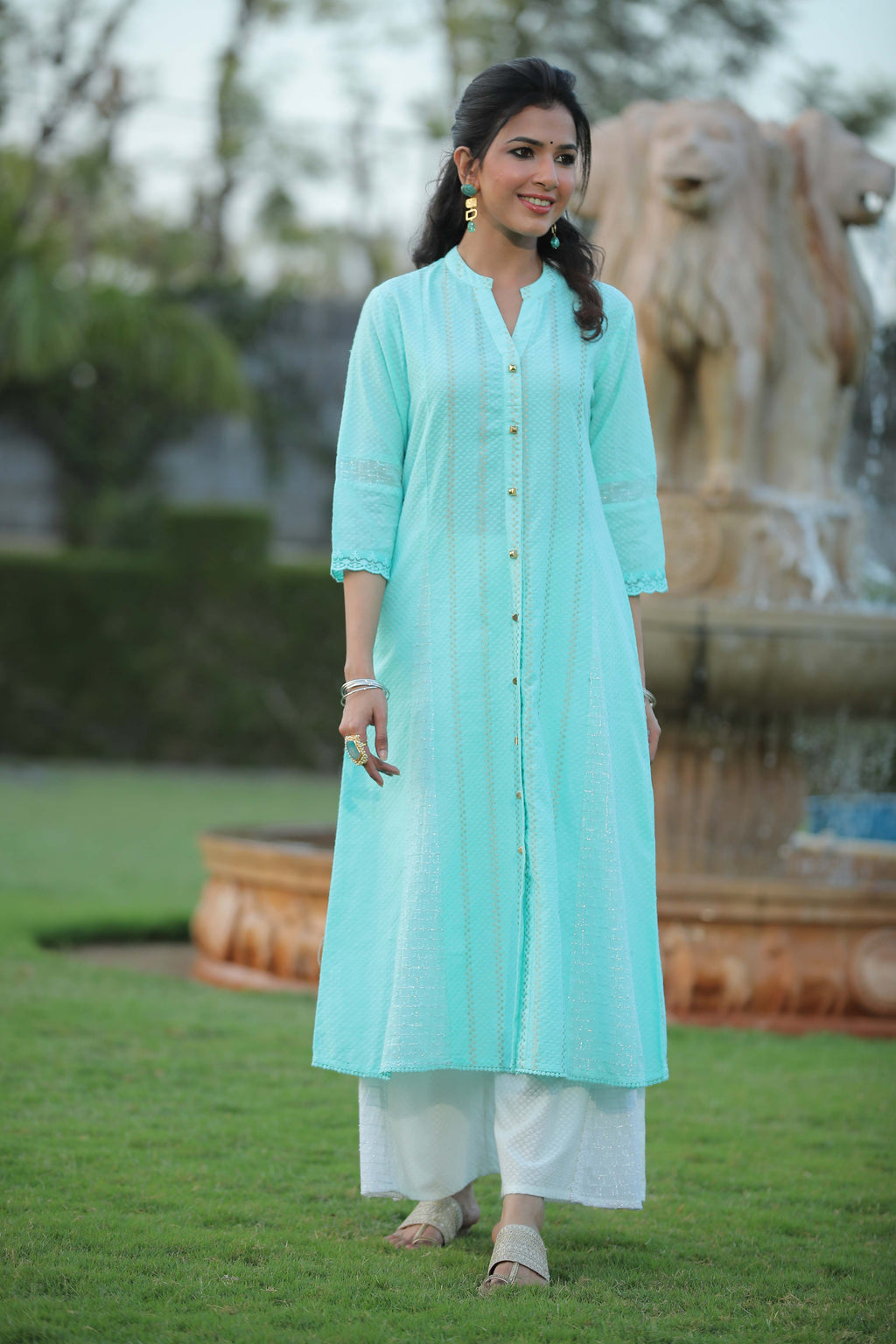Juniper Women Aqua Cotton Dobby Printed A-Line Kurta | Grocsy
