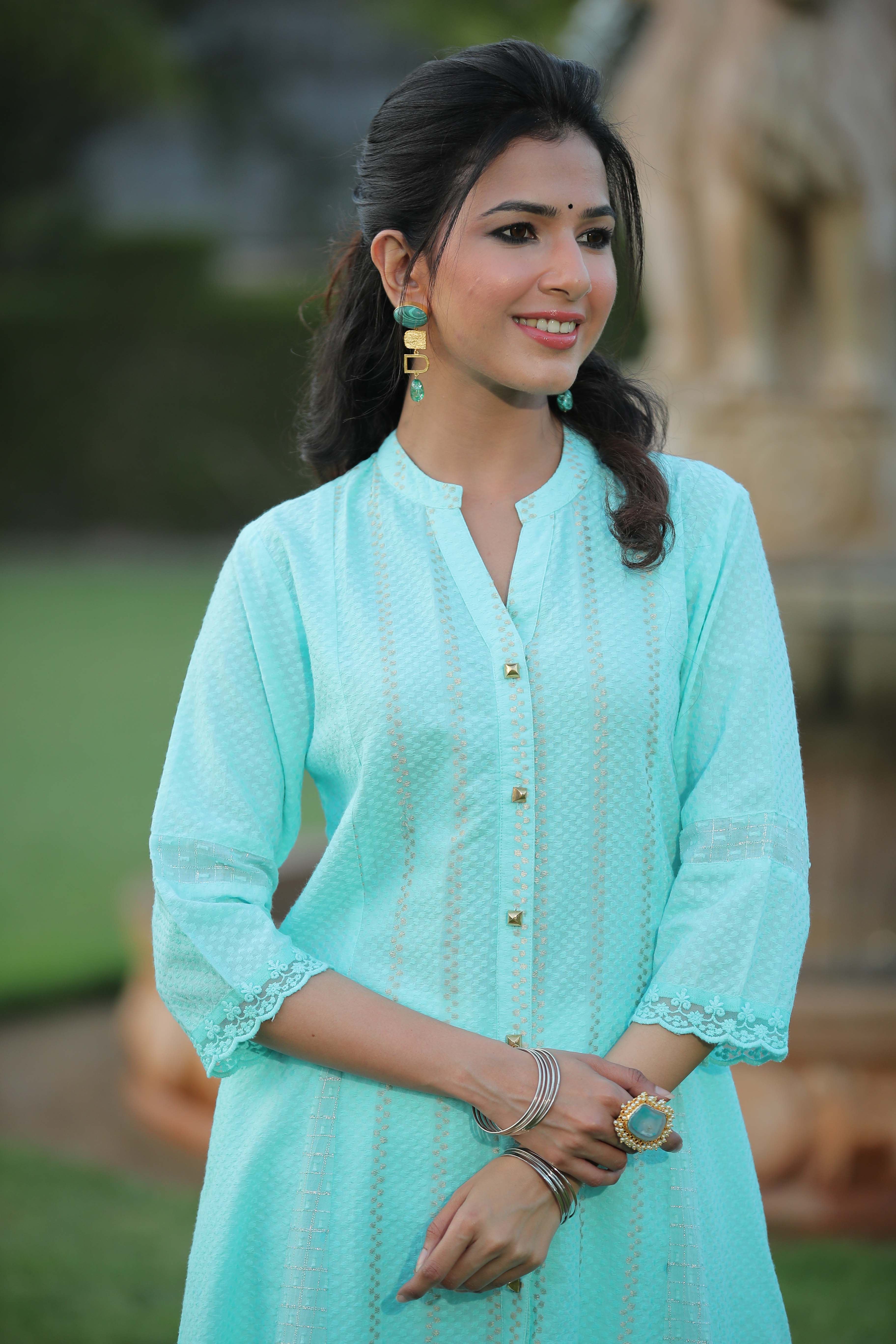 Juniper Women Aqua Cotton Dobby Printed A-Line Kurta | Grocsy