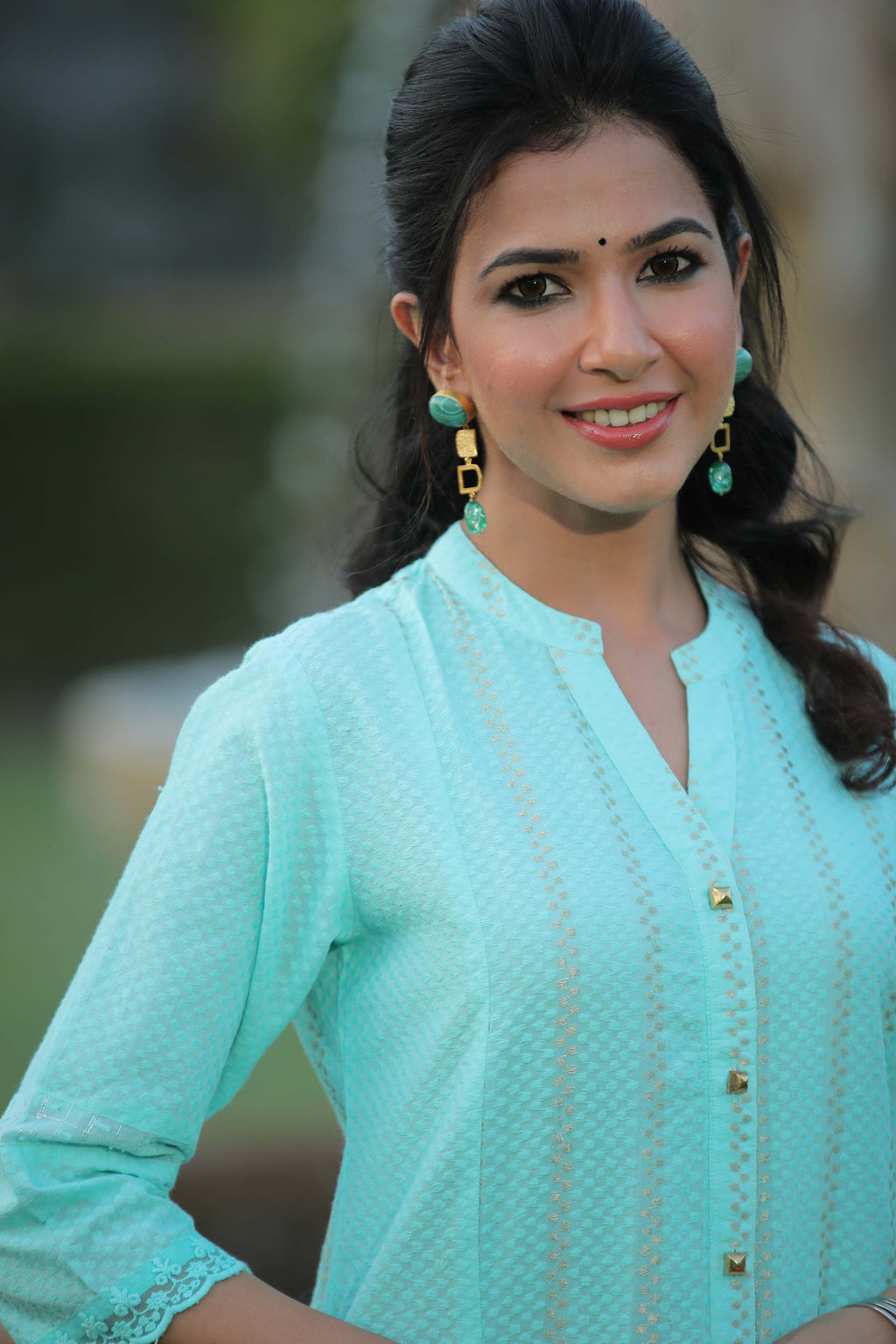 Juniper Women Aqua Cotton Dobby Printed A-Line Kurta | Grocsy