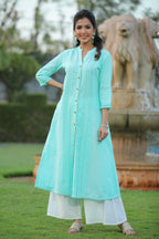 Juniper Women Aqua Cotton Dobby Printed A-Line Kurta | Grocsy