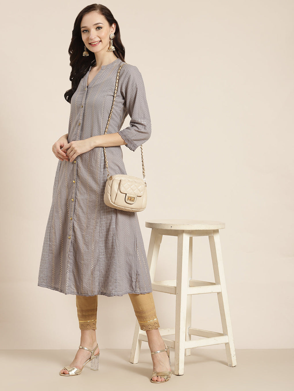 Juniper Womens Grey Cotton Dobby Kalidar Kurta | Grocsy