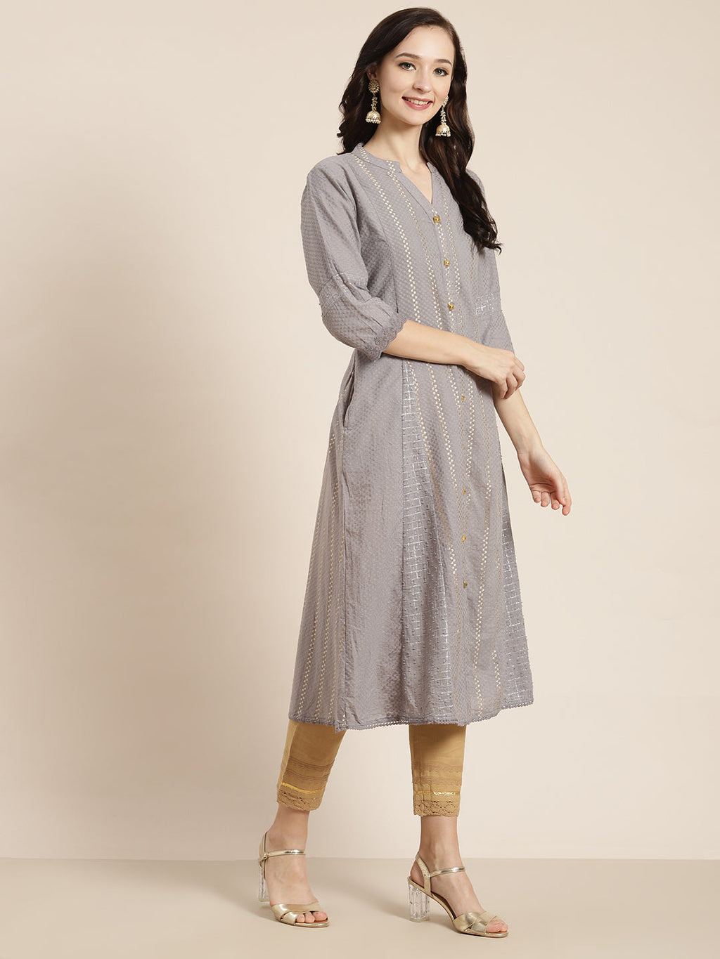 Juniper Womens Grey Cotton Dobby Kalidar Kurta | Grocsy