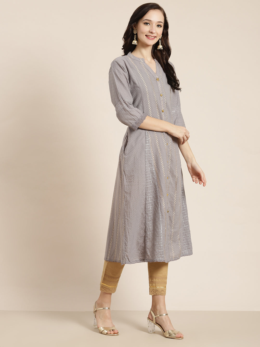 Juniper Womens Grey Cotton Dobby Kalidar Kurta | Grocsy