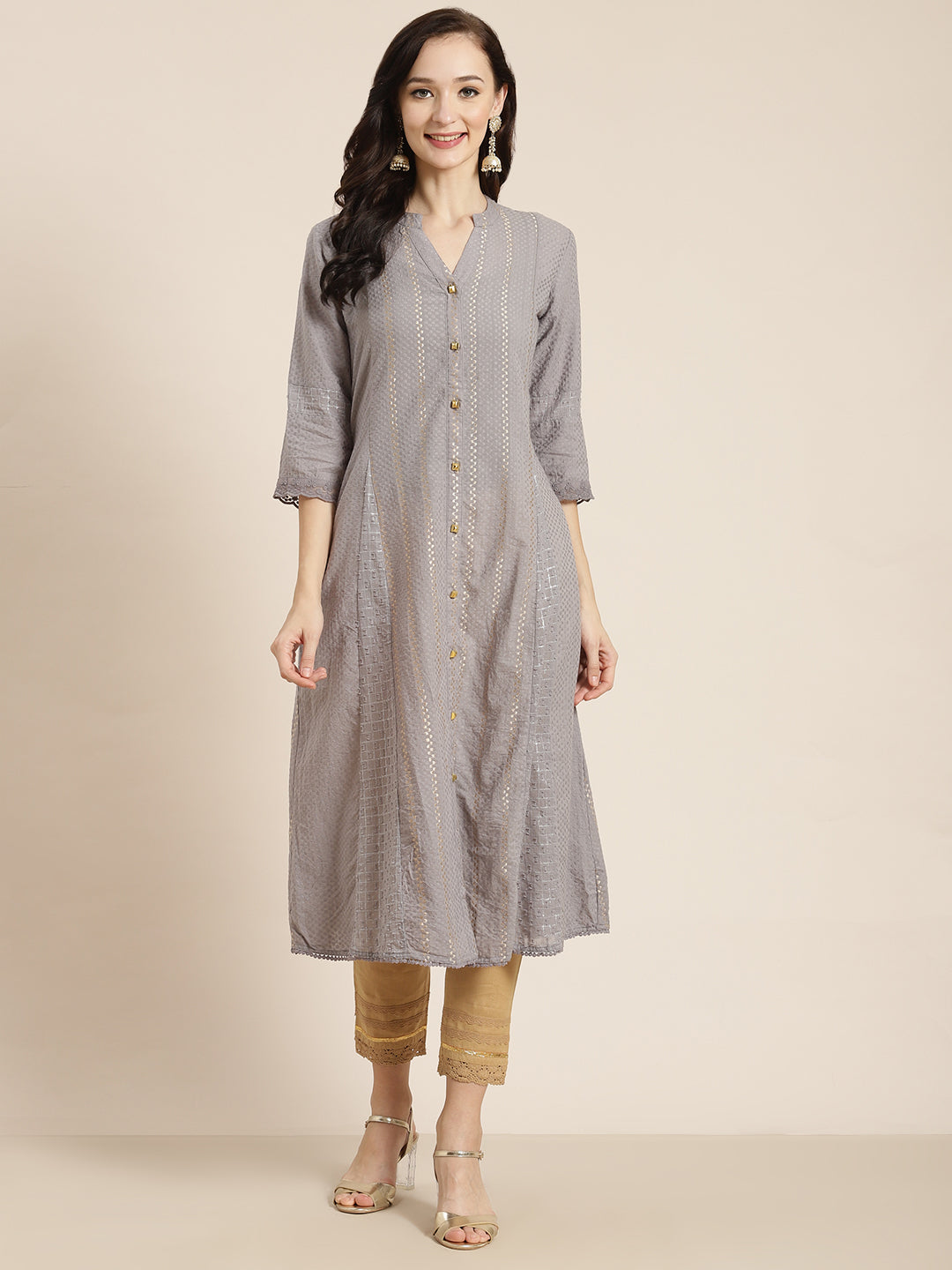 Juniper Womens Grey Cotton Dobby Kalidar Kurta | Grocsy