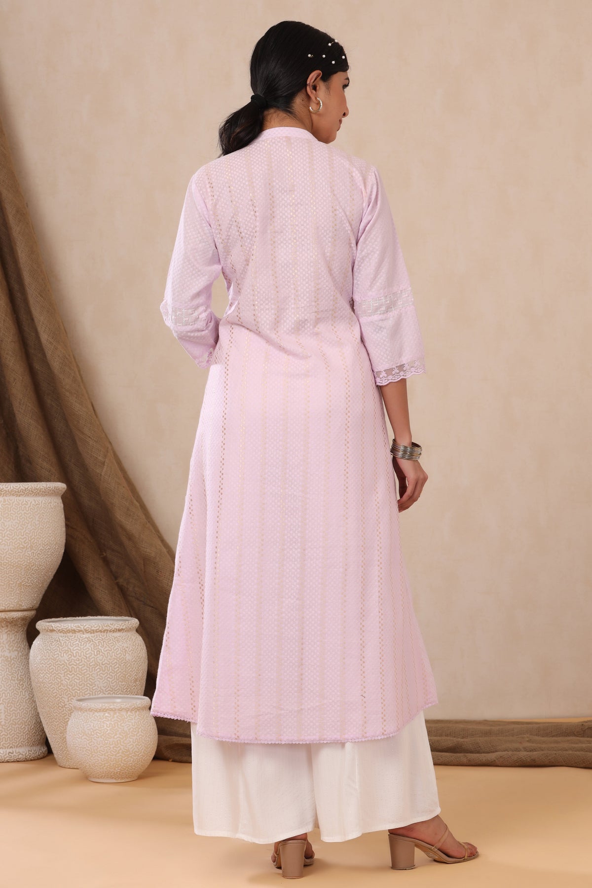 Juniper Women's Purple Cotton Dobby Flared Kurta With Buttons | Grocsy