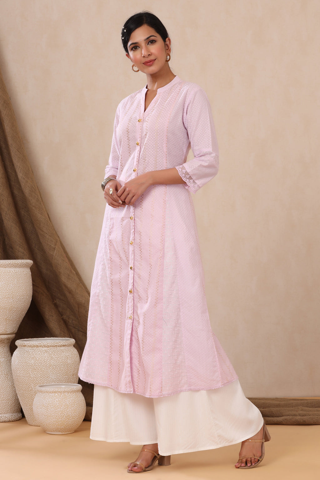 Juniper Women's Purple Cotton Dobby Flared Kurta With Buttons | Grocsy