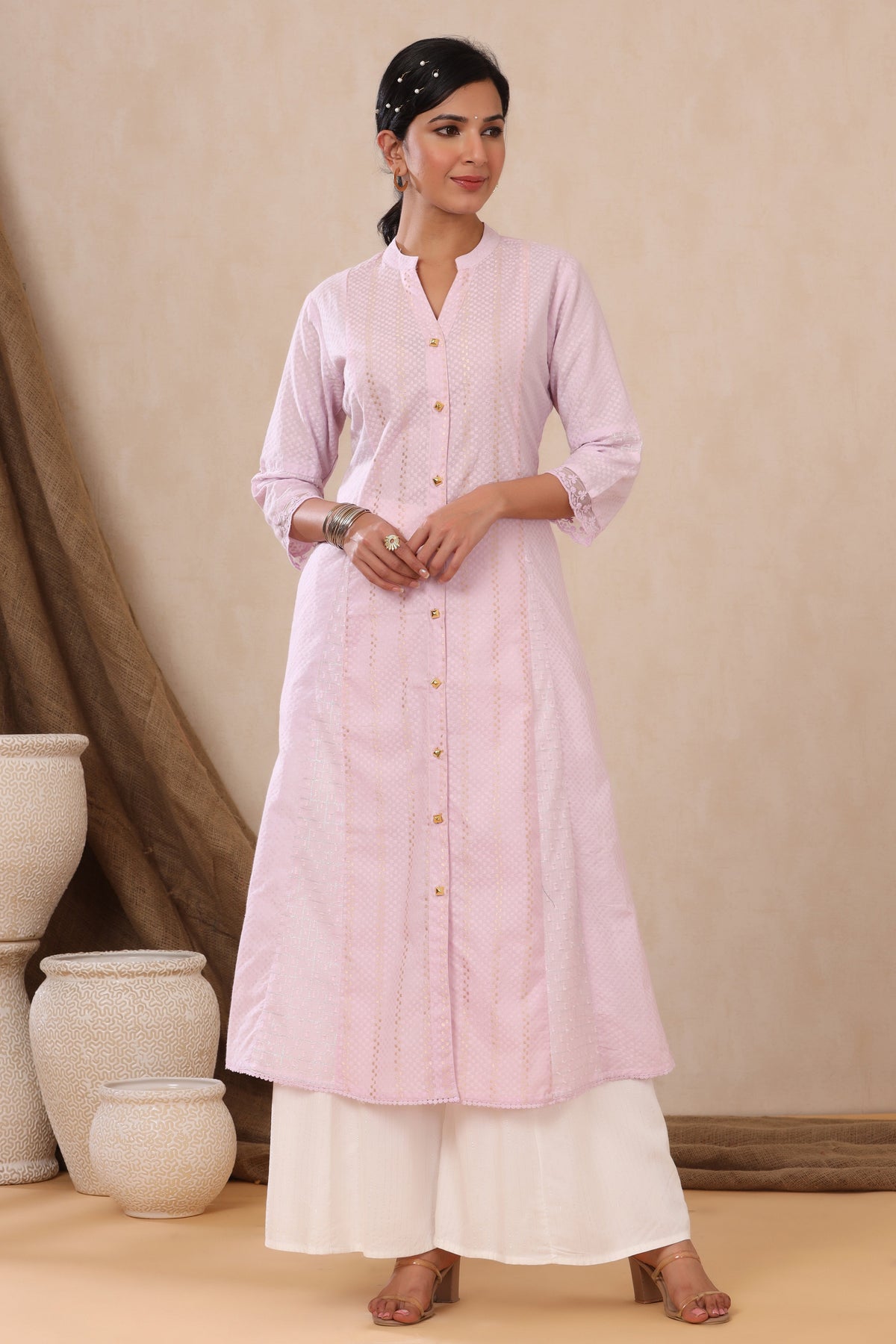Juniper Women's Purple Cotton Dobby Flared Kurta With Buttons | Grocsy