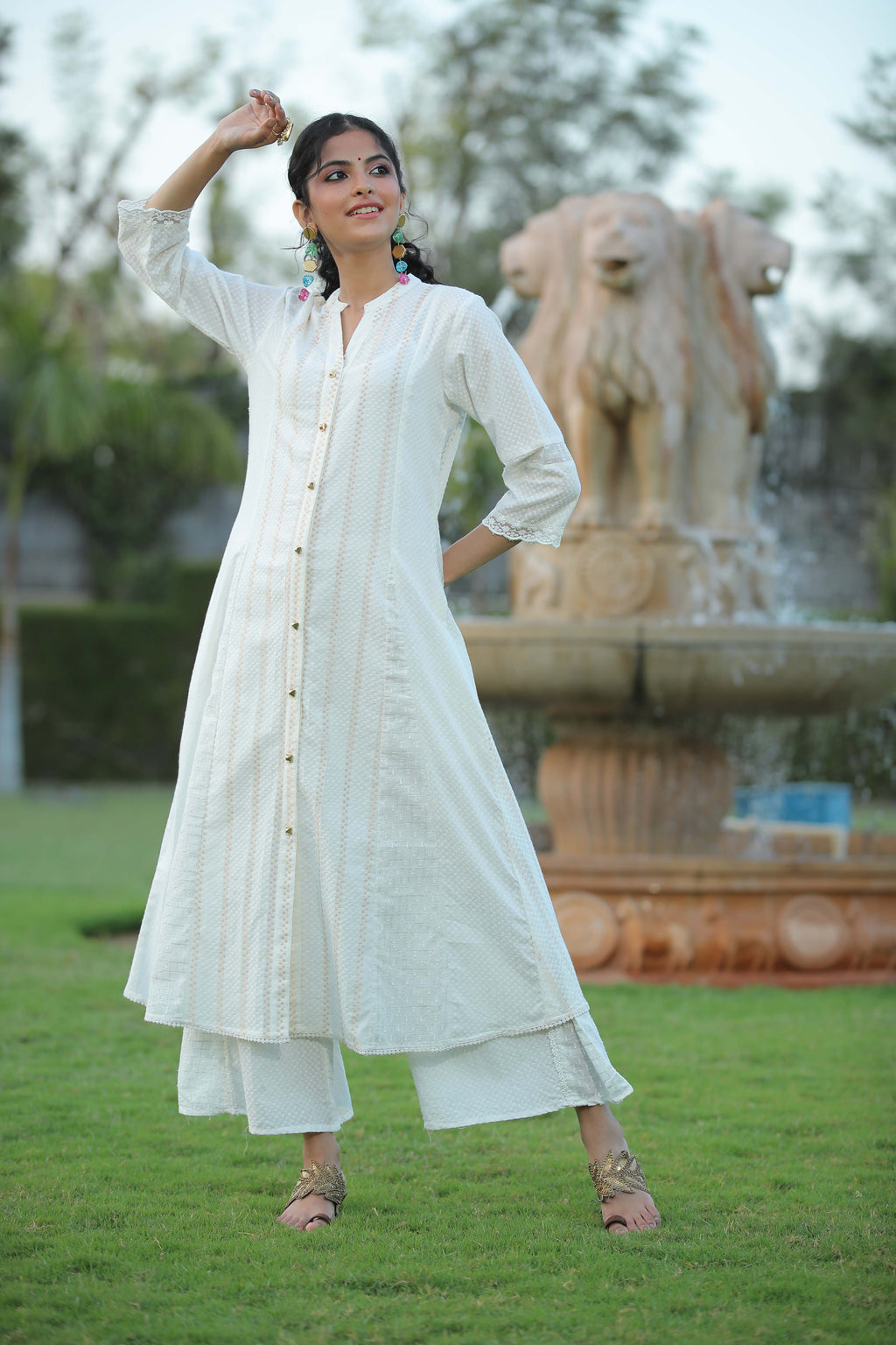 Juniper Womens White Cotton Dobby Kalidar Kurta | Grocsy