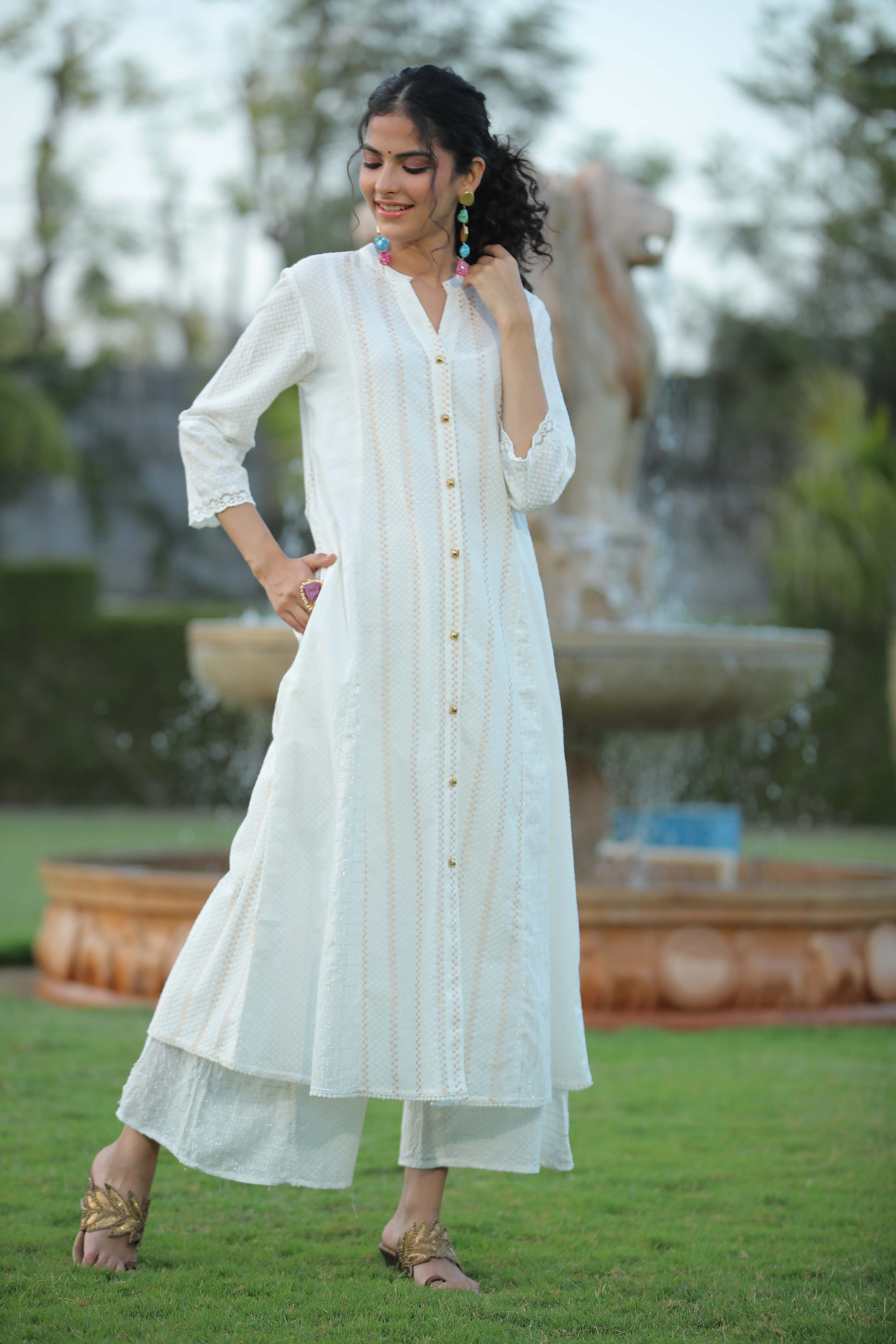 Juniper Womens White Cotton Dobby Kalidar Kurta | Grocsy