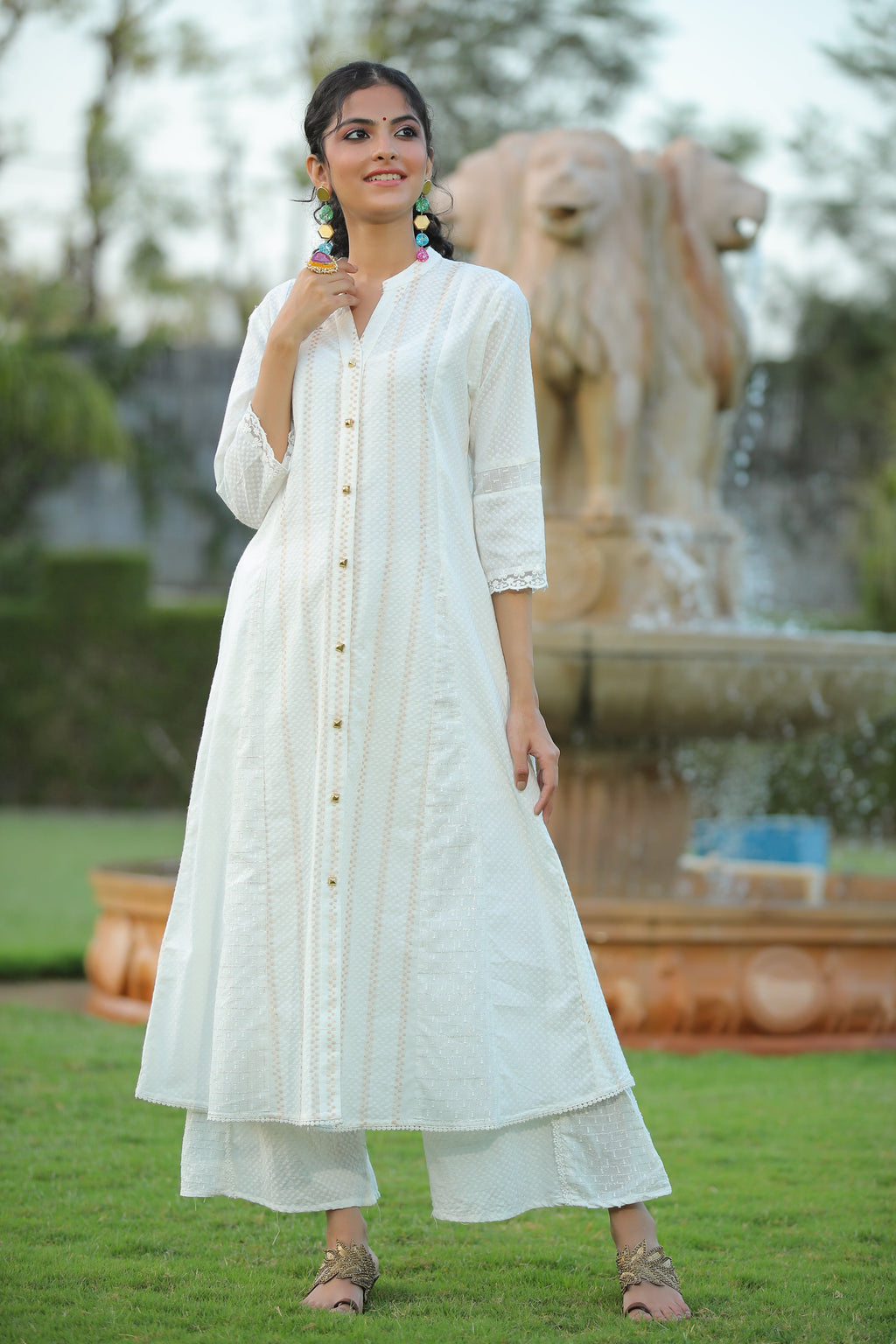 Juniper Womens White Cotton Dobby Kalidar Kurta | Grocsy